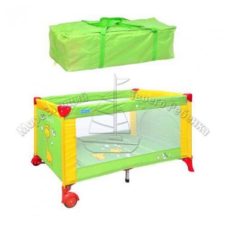 Манеж-кровать M 0524 детский зелено-желтый на 2-х колесах с тормозом на змейке &quot;Bambi&quot;