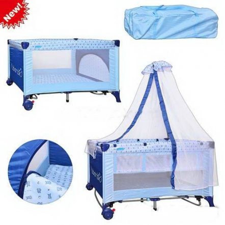 Манеж-кровать качалка с балдахином M 0823 детский голубой двухуровневый на змейке &quot;Bambi&quot;