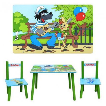Детский столик и два стульчика зеленые «Ну, погоди!» деревянный 1433