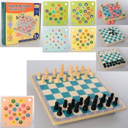 Деревянная игра  4в1 шашки шахматы фишки карточки MD 2211