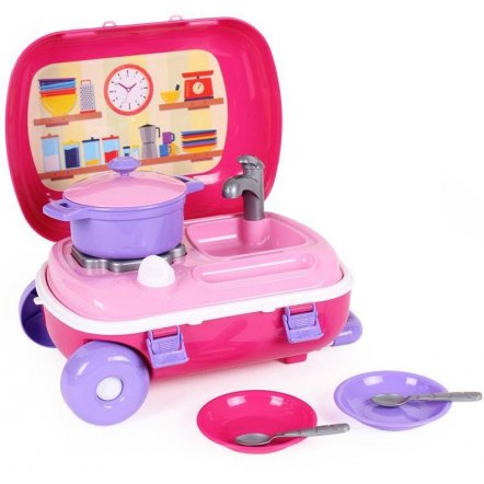 Кухня игровая в чемодане на колесах с набором посуды розовая 6061 ТехноК