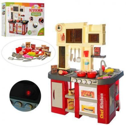  Кухня детская игровая  плита со звуком и светом, льется вода 58 предметов 922-103 красная