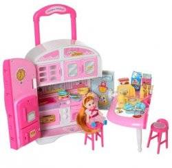 Кухня в чемодане с посудой и продуктами + кукла QL048-2