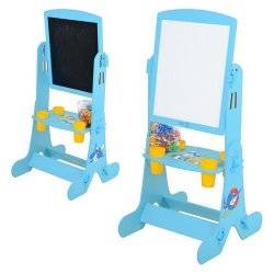 УЦЕНКА! Мольберт  деревянный двухсторонний с широкой полкой 1717 - магниты цифры + буквы 3 алфавита и 4 стаканчика ГОЛУБОЙ